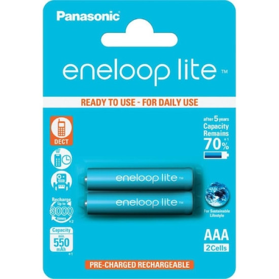 Acumulatori Panasonic Eneloop LITE AAA, 550mAh, 3000 cicluri incarcare, blister, 2 bucati, BK-4LCCE/2BE